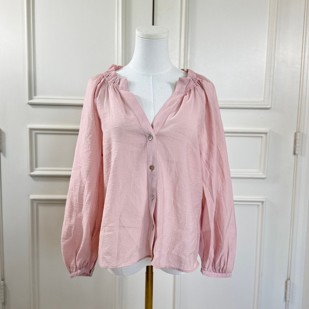 Zara Ruffled V-Neck Button Down Blouse Women's Size XS Pink Boho Romantic